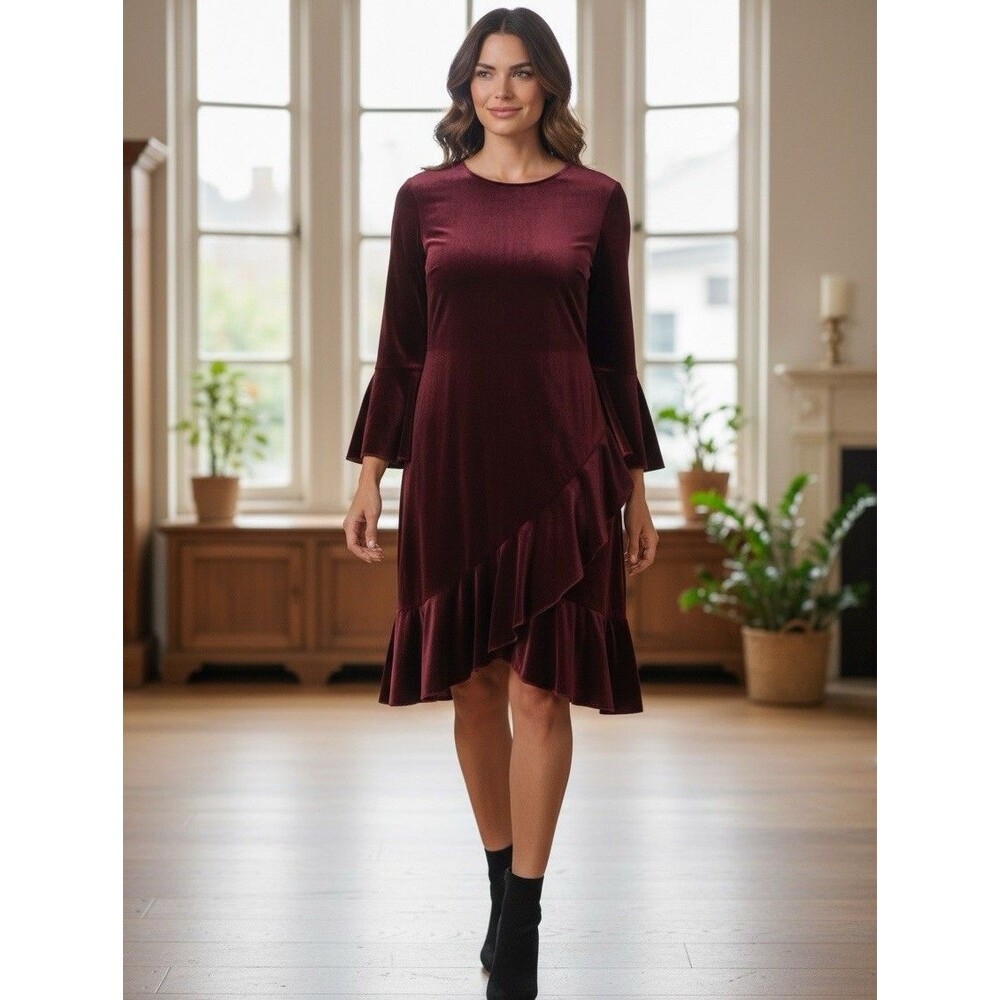 Lauren Ralph Lauren Women Velvet Bell Sleeve Ruffle Hem Dress Burgundy Size 8